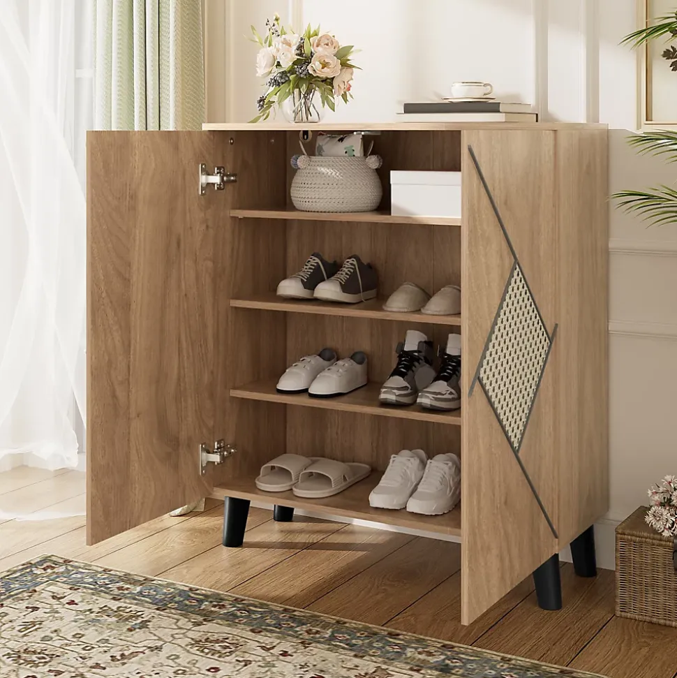 Meuble à Chaussures - Meuble d'entrée avec Motif en Rotin et Portes Fermées, Structure PB et Étagères Internes, 80x31x91 cm - Bois