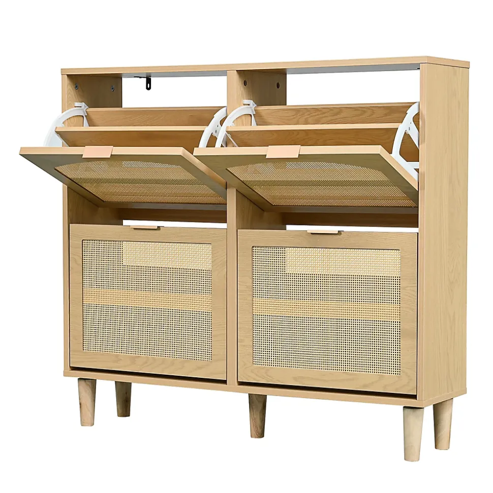 Meuble à Chaussures - Meuble d'entrée avec 4 Tiroirs Pliants et Rangement Compact - en Rotin et Bois - Naturel - 100x90x25 cm