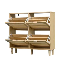 Meuble à Chaussures - Meuble d'entrée avec 4 Tiroirs Pliants et Rangement Compact - en Rotin et Bois - Naturel - 100x90x25 cm