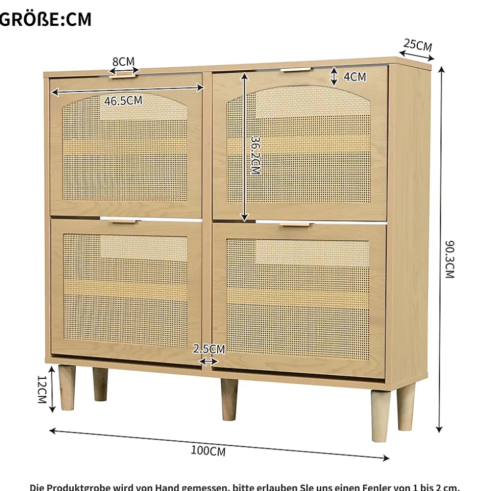 Meuble à Chaussures - Meuble d'entrée avec 4 Tiroirs Pliants et Rangement Compact - en Rotin et Bois - Naturel - 100x90x25 cm