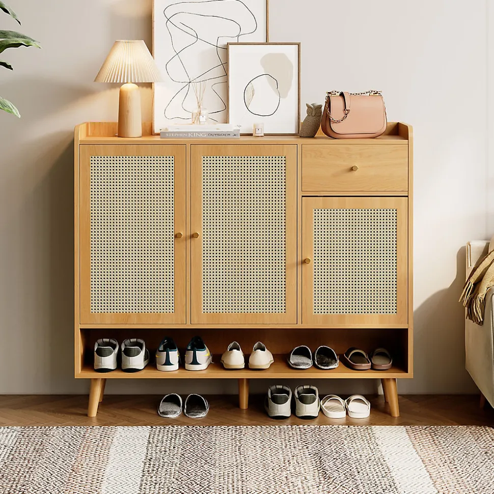 Meuble à Chaussures - Meuble D'entrée avec 3 Portes, 1 Tiroir et 5 Étagères, Pratique et Polyvalent - 120x35x106 cm - Naturel