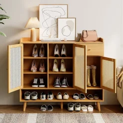 Meuble à Chaussures - Meuble D'entrée avec 3 Portes, 1 Tiroir et 5 Étagères, Pratique et Polyvalent - 120x35x106 cm - Naturel