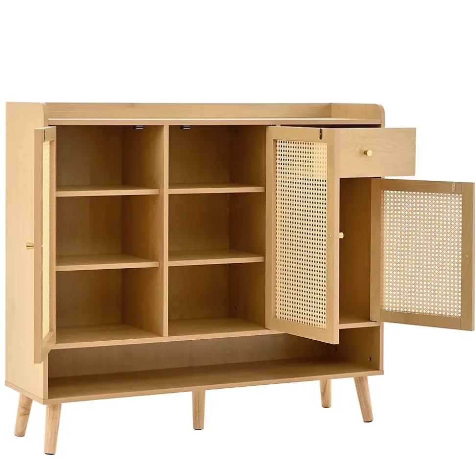 Meuble à Chaussures - Meuble D'entrée avec 3 Portes, 1 Tiroir et 5 Étagères, Pratique et Polyvalent - 120x35x106 cm - Naturel