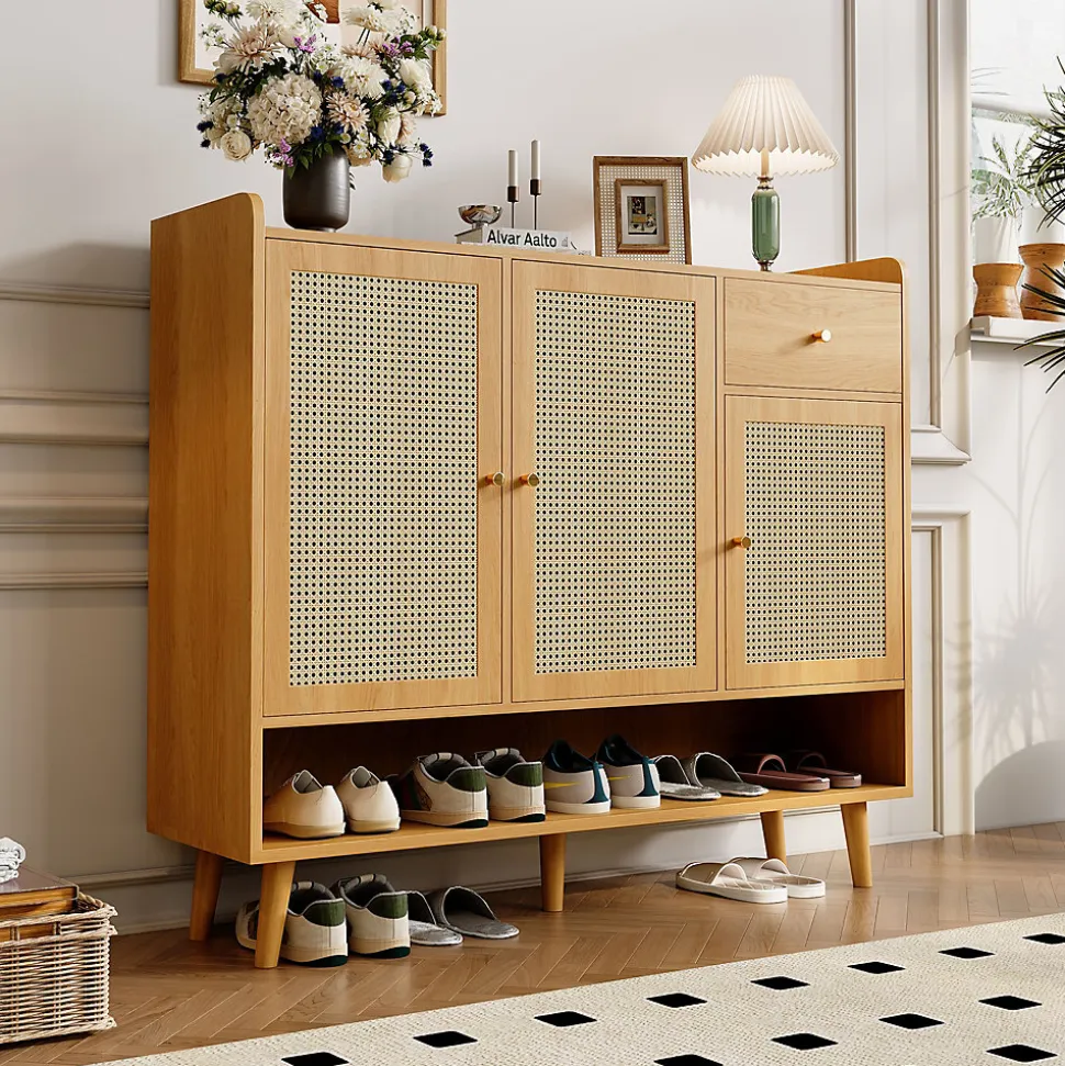 Meuble à Chaussures - Meuble D'entrée avec 3 Portes, 1 Tiroir et 5 Étagères, Pratique et Polyvalent - 120x35x106 cm - Naturel