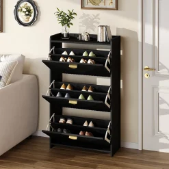 Meuble à Chaussures - Meuble d'entrée avec 3 Abattants et Étagères Réglables - en MDF - Noir