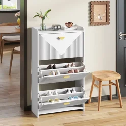 Meuble à Chaussures - Meuble d'entrée avec 3 Abattants et Étagères Réglables - en MDF - Blanc