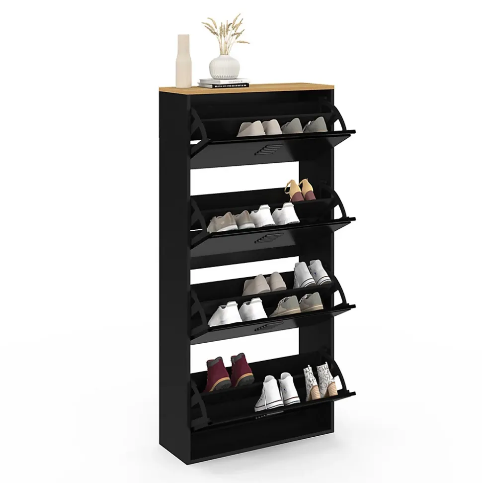 Meuble à chaussures 24 paires maxi capacité ESTER 4 portes métal noir et plateau façon hêtre design industriel