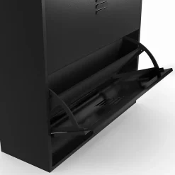 Meuble à chaussures 24 paires maxi capacité ESTER 4 portes métal noir et plateau façon hêtre design industriel