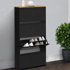 Meuble à chaussures 24 paires maxi capacité ESTER 4 portes métal noir et plateau façon hêtre design industriel