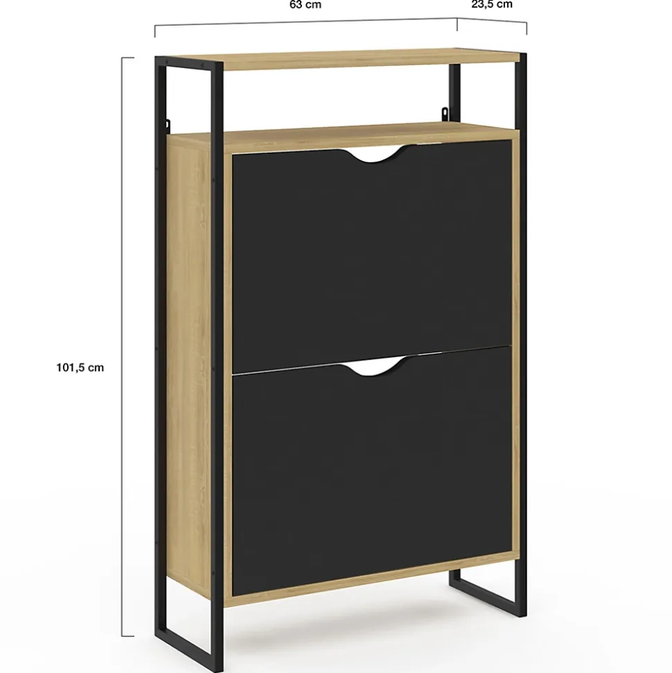 Meuble à chaussures 12 paires BOSTON 2 portes noires avec étagère supérieure design industriel