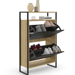 Meuble à chaussures 12 paires BOSTON 2 portes noires avec étagère supérieure design industriel