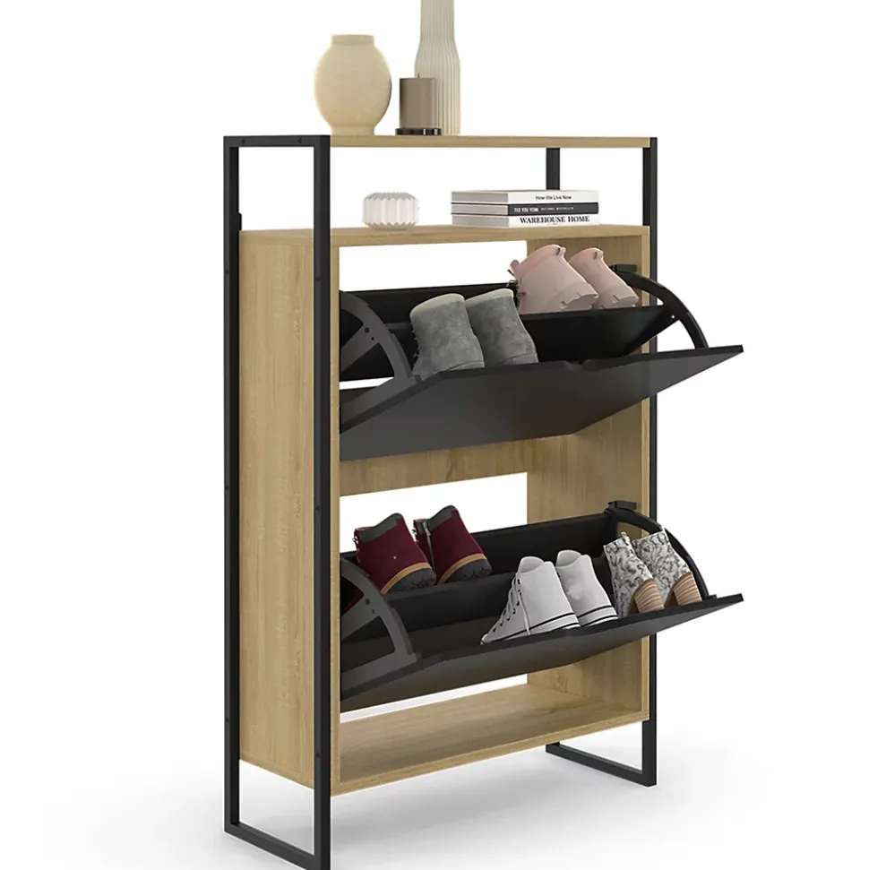 Meuble à chaussures 12 paires BOSTON 2 portes noires avec étagère supérieure design industriel
