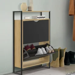 Meuble à chaussures 12 paires BOSTON 2 portes noires avec étagère supérieure design industriel
