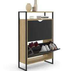 Meuble à chaussures 12 paires BOSTON 2 portes noires avec étagère supérieure design industriel