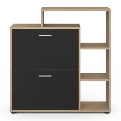 Meuble à chaussures 12 paires KLARK imitation hêtre 2 portes noires avec étagères