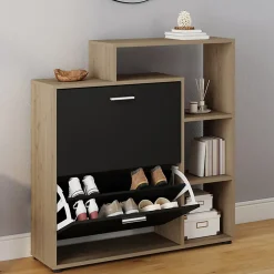 Meuble à chaussures 12 paires KLARK imitation hêtre 2 portes noires avec étagères