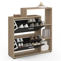 Meuble à chaussures 12 paires KLARK imitation hêtre 2 portes noires avec étagères