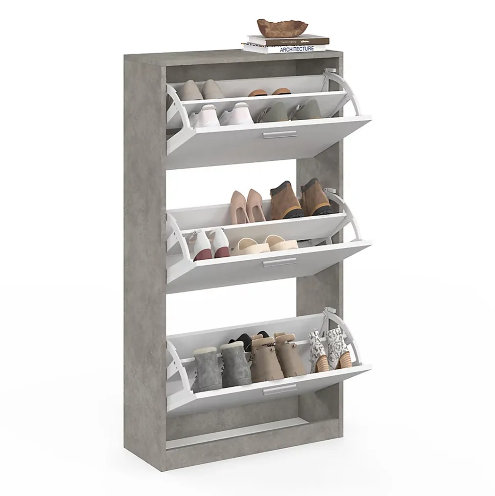 Meuble à chaussures 18 paires KLARK effet béton 3 portes blanches