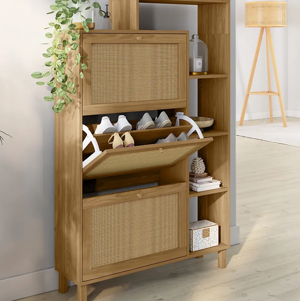 Meuble à chaussures 18 paires HANAE 3 portes effet naturel cannage avec étagère