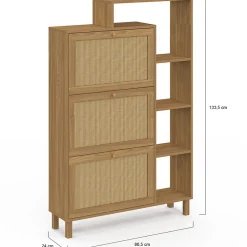 Meuble à chaussures 18 paires HANAE 3 portes effet naturel cannage avec étagère