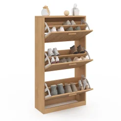Meuble à chaussures 18 paires JULIETTE 3 portes lattes tasseau bois coloris chêne