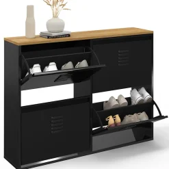 Meuble à chaussures 20 paires ESTER 4 portes métal noir et plateau façon hêtre design industriel