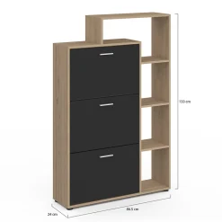 Meuble à chaussures 18 paires KLARK imitation hêtre 3 portes noires avec étagère