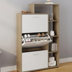 Meuble à chaussures 18 paires KLARK imitation hêtre 3 portes blanches avec étagère