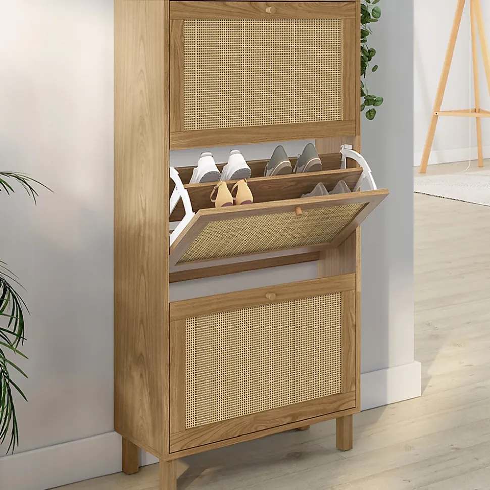 Meuble à chaussures 18 paires HANAE 3 portes effet naturel cannage