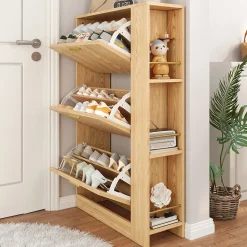 Meuble à Chaussures 3 Portes avec Niche Ouverte, Meuble d'Entrée Design Moderne en MDF - 70x23,5x115 cm - Bois Naturel
