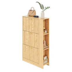 Meuble à Chaussures 3 Portes avec Niche Ouverte, Meuble d'Entrée Design Moderne en MDF - 70x23,5x115 cm - Bois Naturel