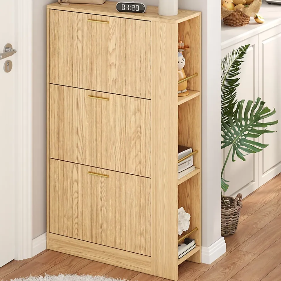 Meuble à Chaussures 3 Portes avec Niche Ouverte, Meuble d'Entrée Design Moderne en MDF - 70x23,5x115 cm - Bois Naturel
