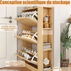 Meuble à Chaussures 3 Portes avec Niche Ouverte, Meuble d'Entrée Design Moderne en MDF - 70x23,5x115 cm - Bois Naturel