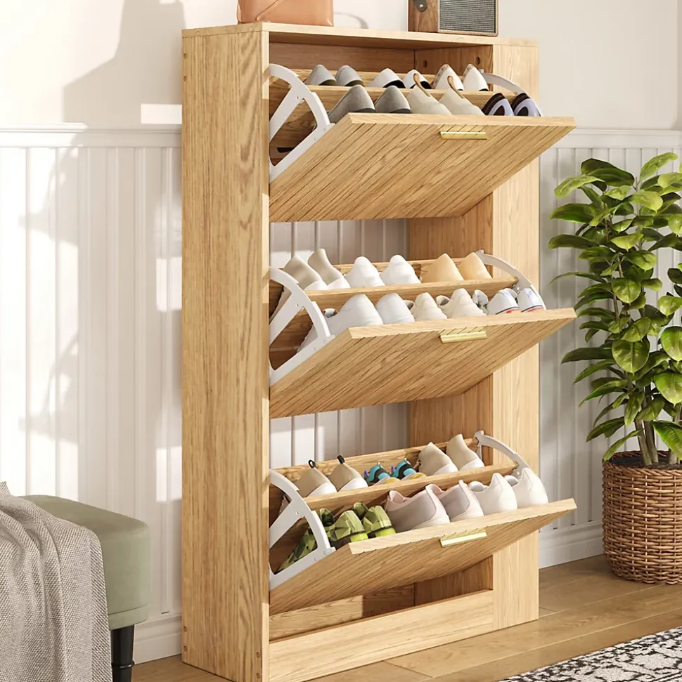 Meuble à Chaussures 3 Portes avec Niche Ouverte, Meuble d'Entrée Design Moderne en MDF - 70x23,5x115 cm - Bois Naturel
