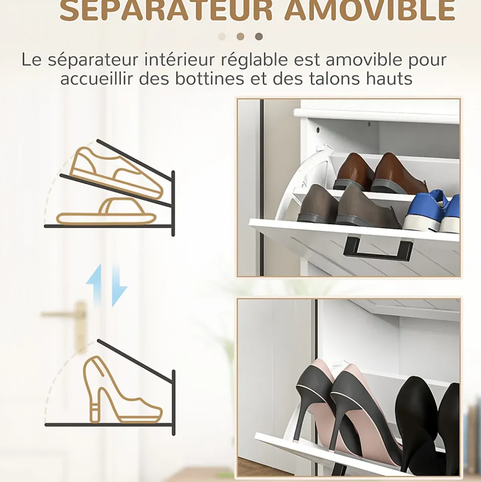 Meuble à chaussures 2 portes abattants 2 étagères poignées métal noir MDF blanc