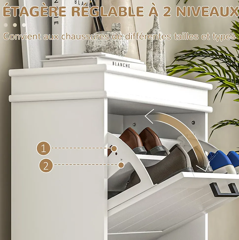 Meuble à chaussures 2 portes abattants 2 étagères poignées métal noir MDF blanc