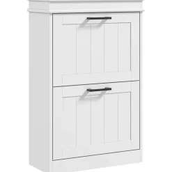 Meuble à chaussures 2 portes abattants 2 étagères poignées métal noir MDF blanc