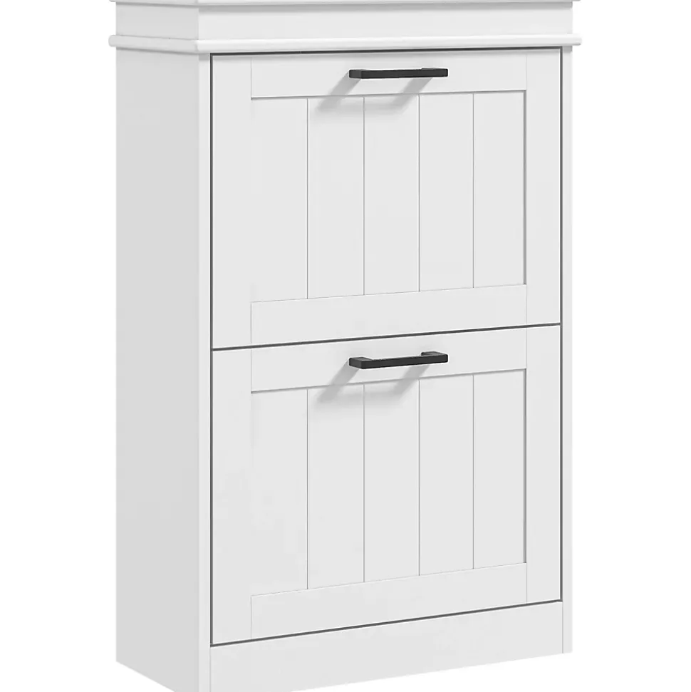 Meuble à chaussures 2 portes abattants 2 étagères poignées métal noir MDF blanc