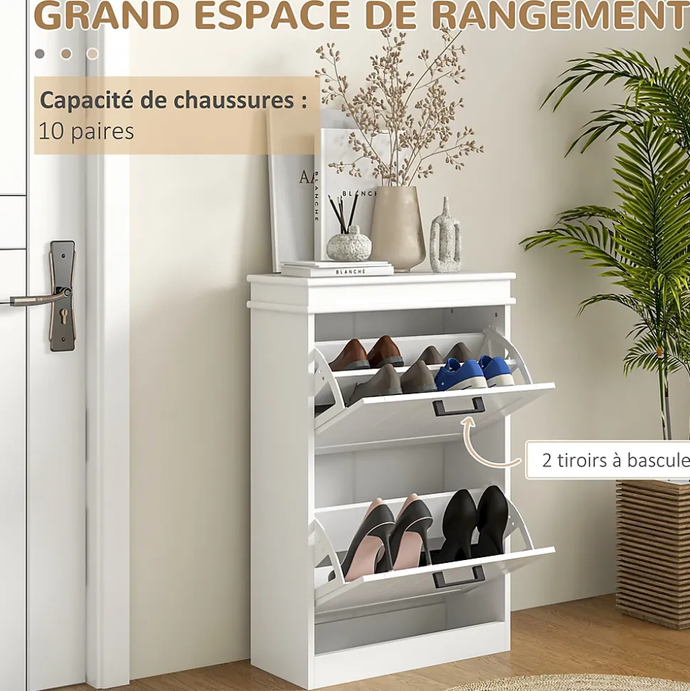 Meuble à chaussures 2 portes abattants 2 étagères poignées métal noir MDF blanc