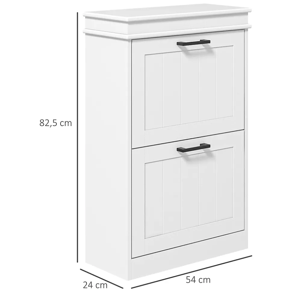 Meuble à chaussures 2 portes abattants 2 étagères poignées métal noir MDF blanc