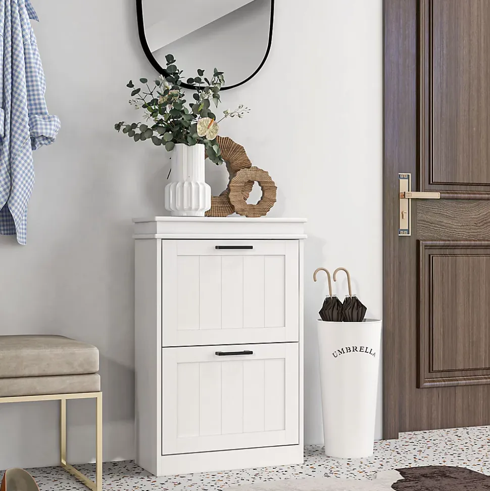 Meuble à chaussures 2 portes abattants 2 étagères poignées métal noir MDF blanc