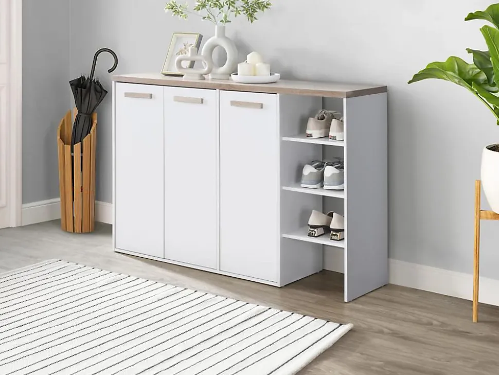Meuble à chaussures 3 portes et 3 niches - Blanc et Naturel clair - SKAIDO