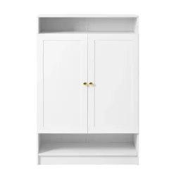 Meuble à Chaussures 2 Portes avec Étagères Réglables, Poignées Or, Armoire à Chaussures en Mélamine Métal - 73x34x109 cm, Blanc