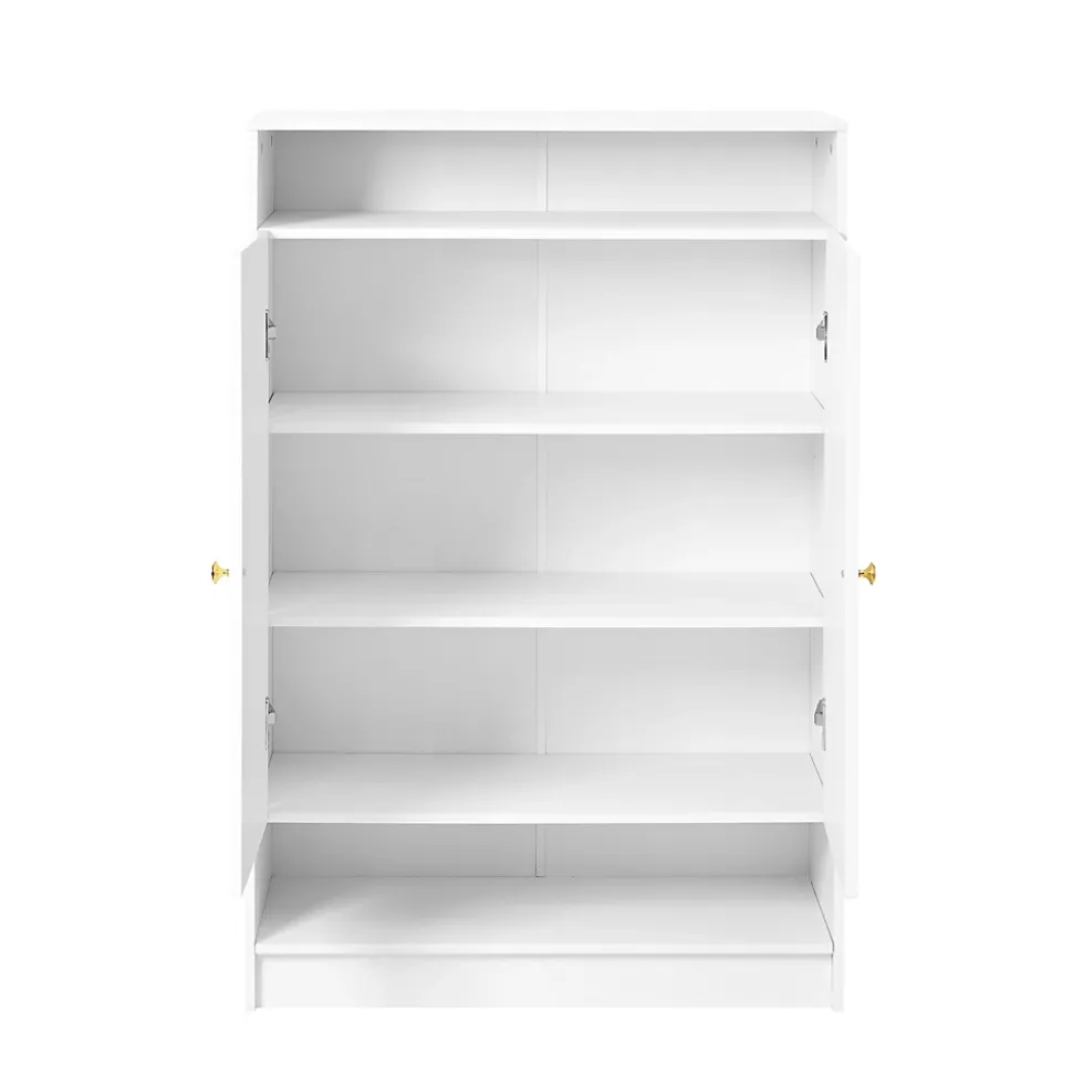 Meuble à Chaussures 2 Portes avec Étagères Réglables, Poignées Or, Armoire à Chaussures en Mélamine Métal - 73x34x109 cm, Blanc