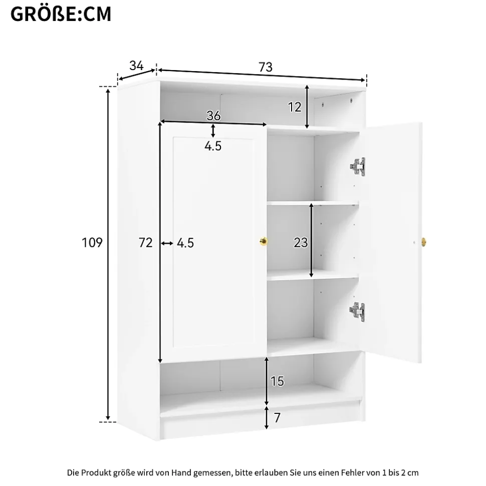 Meuble à Chaussures 2 Portes avec Étagères Réglables, Poignées Or, Armoire à Chaussures en Mélamine Métal - 73x34x109 cm, Blanc