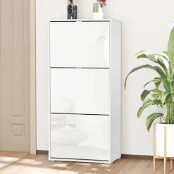 Meuble à chaussures 3 portes abattantes 3 compartiments MDF blanc laqué