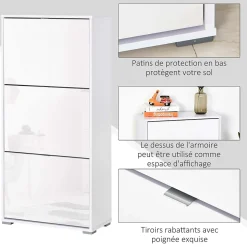 Meuble à chaussures 3 portes abattantes 3 compartiments MDF blanc laqué