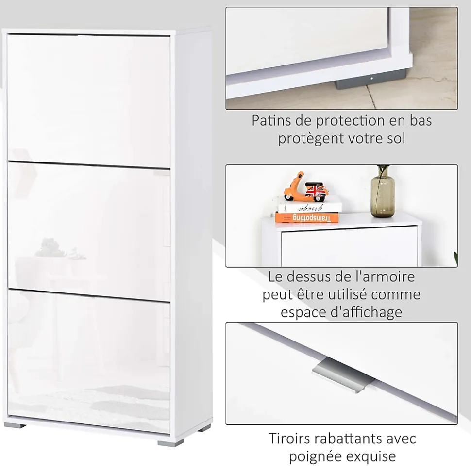 Meuble à chaussures 3 portes abattantes 3 compartiments MDF blanc laqué