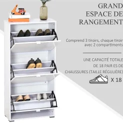 Meuble à chaussures 3 portes abattantes 3 compartiments MDF blanc laqué