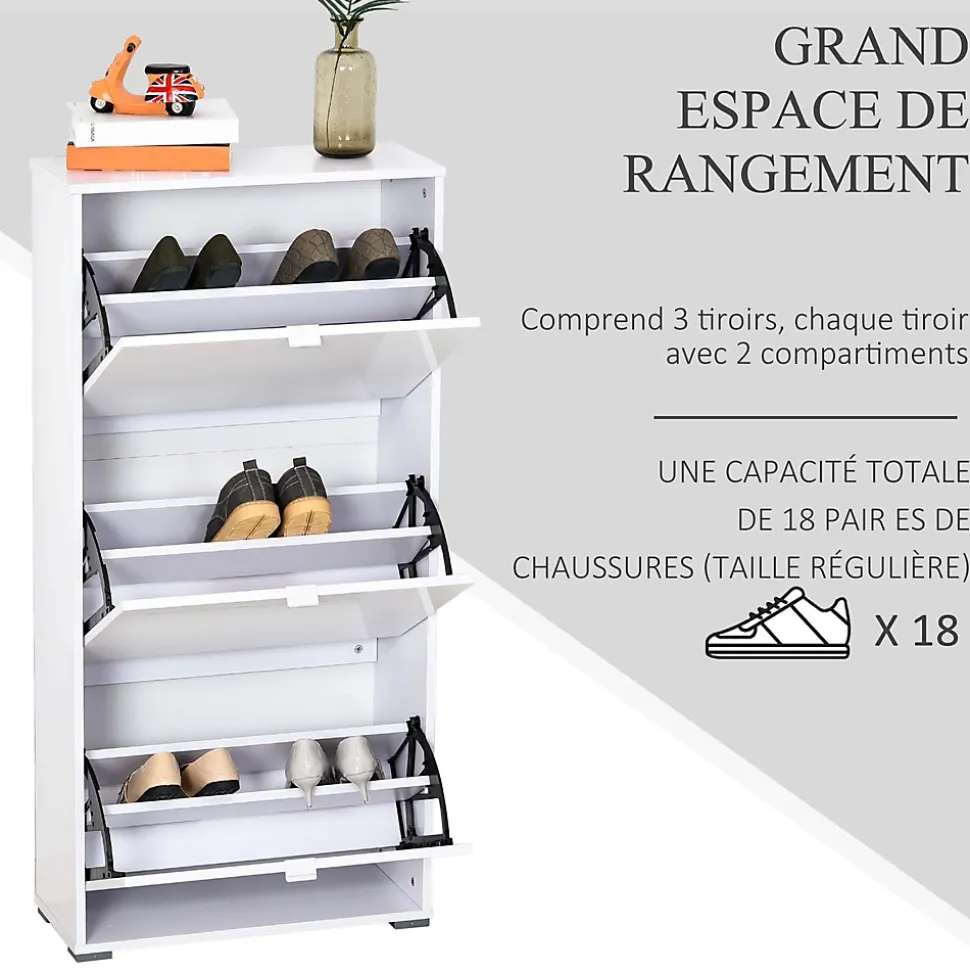 Meuble à chaussures 3 portes abattantes 3 compartiments MDF blanc laqué